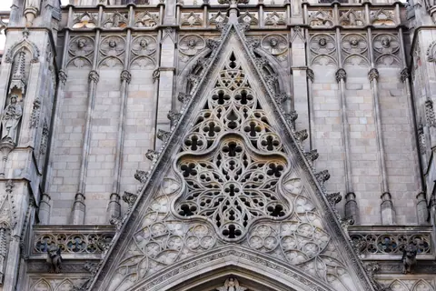 Intricate Gothic facade of the historic Barcelona Cathedral in Spain.