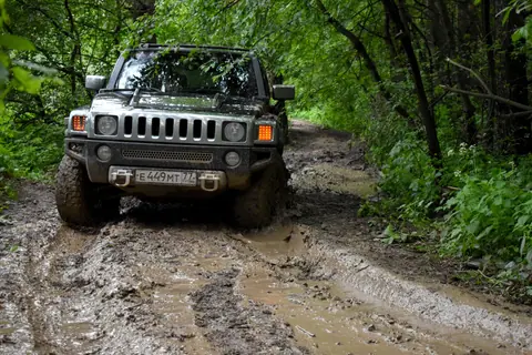 A rugged jeep navigating a muddy forest trail, showcasing off-road adventure and exploration.