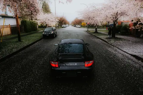 A sleek black car driving down a cherry blossom-lined street creating a picturesque spring scene.