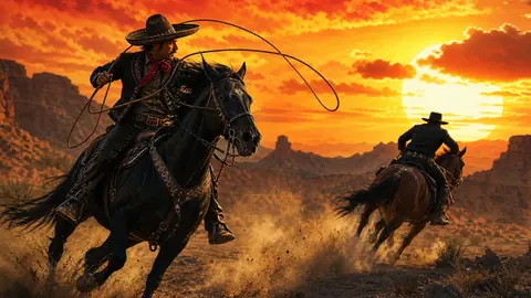 Sunset Lasso Duel Across the Frontier - backiee