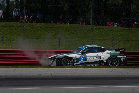 A damaged race car after crashing into barriers at a racing event in Lexington, Ohio.