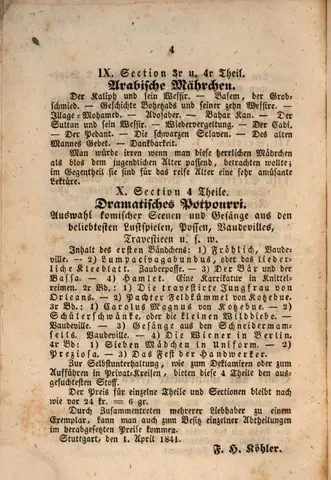 Prospectus Bibliothek des Frohsinns - 1. Folge (in N.F. Großes Instrumental- und Vokal-Concert 1.1841) 4