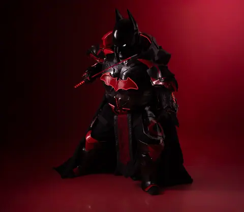 Striking black and red cosplay costume inspired by legendary hero, captured on a dramatic backdrop.