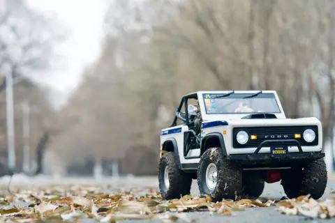 Detailed image of a miniature off-road toy car on a leaf-strewn road in autumn.