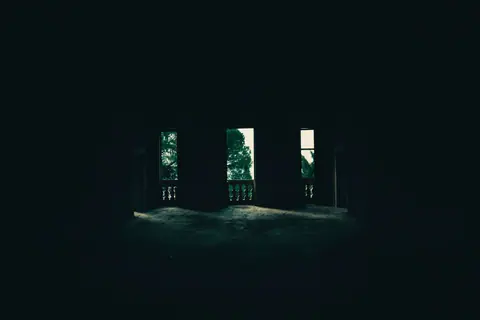 Eerie interior of an empty building with windows showing trees outside, evoking mystery.
