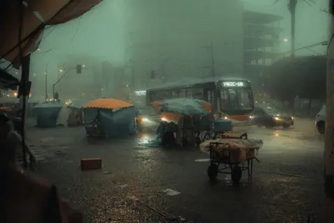 Moody night scene with city bus and street stalls in heavy rain, creating a dramatic urban atmosphere.