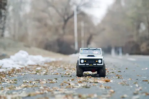 A detailed shot of a miniature toy car on a leaf-strewn road during autumn.