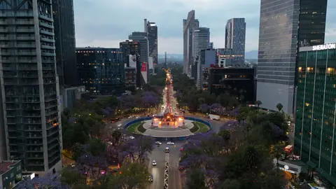 Stunning aerial view of Reforma Avenue with skyscrapers and Jacaranda trees in Mexico City.