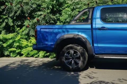 Side view of a blue pickup truck in front of lush green foliage on a sunny day.