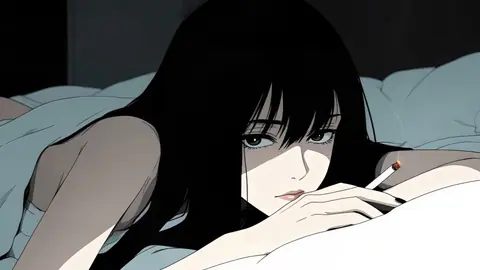 Melancholic Gothic Anime Girl Smoking in a Quiet Bedroom - backiee
