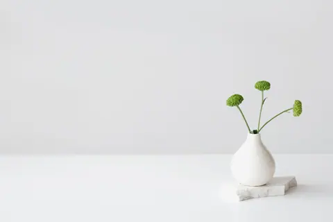 A minimalist ceramic vase with green flowers on a white surface, perfect for decor.