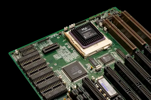 Detailed shot of a vintage motherboard showcasing microprocessor and electronic components.
