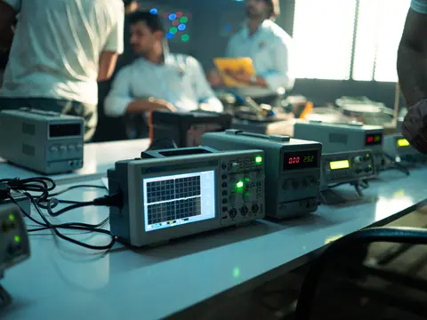 Engineers working in an electronics lab with oscilloscopes and other equipment on a bright day.