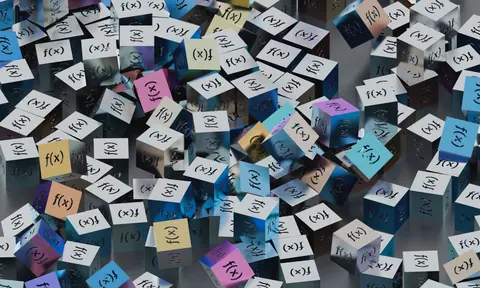 A vibrant collection of cubes with f(x) functions creates a visual mathematical pattern.