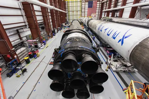 Falcon 9 B1046 and two unidentified boosters in the SpaceX Rocket Assembly Building at Kennedy Space Center LC-39A, October 2019