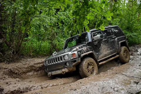 A rugged off-road vehicle navigating through a challenging muddy forest trail.