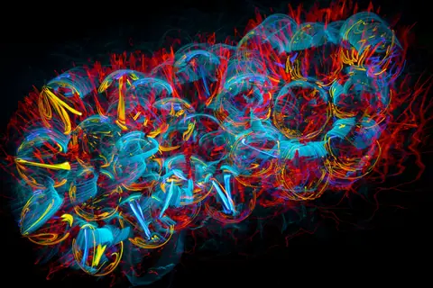 Dynamic abstract light painting with vivid colors and complex shapes on a black background.