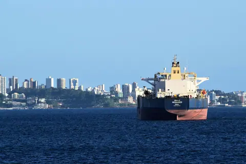 A cargo ship anchored in Salvador, Brazil's harbor with the city skyline in the backdrop.