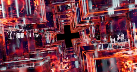 Futuristic digital cube arrangement, showcasing vibrant LED-inspired patterns and circuitry.