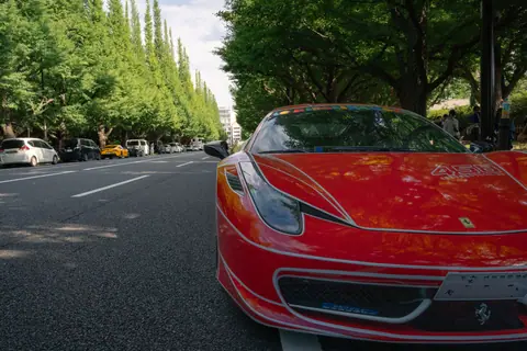 Dynamic shot of a red sports car on tree-lined street in Tokyo, Japan.