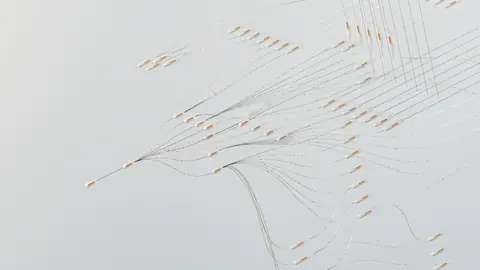 Abstract illustration depicting complex digital neural networks and data flow.