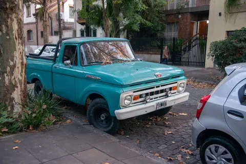 Vintage blue Ford pickup parked on a leafy street in Buenos Aires, showcasing classic car culture.