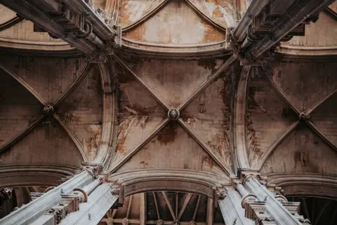 A detailed view of a Gothic cathedral's intricate stone ceiling architecture, showcasing classical design.