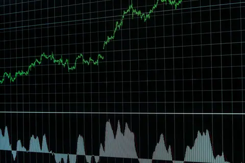 Rising stock market graph with grid lines, showing market data trends. Ideal for financial and economic concepts.