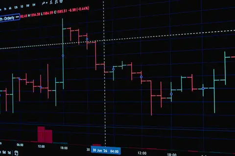Stock market trading graph with dynamic price changes on digital display.
