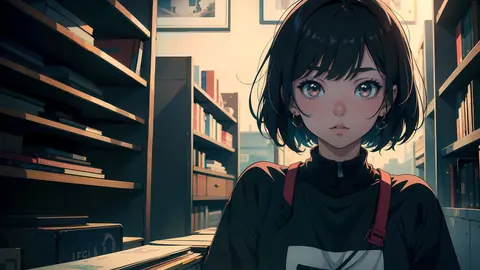 Anime Girl in Serene Library Setting - backiee