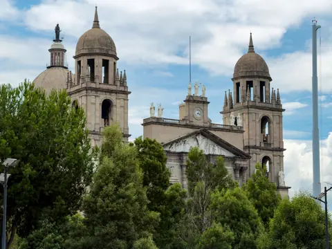 Majestic view of a historic cathedral with twin towers framed by lush greenery against a blue sky.