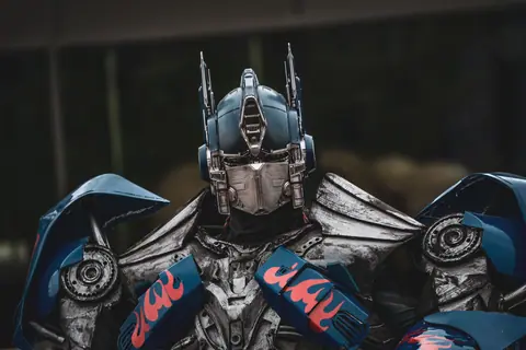 Close-up of a detailed transformer cosplay costume capturing intricate mechanical design.