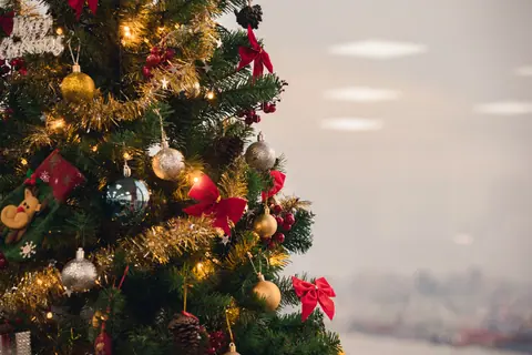 Close-up of a decorated Christmas tree with colorful ornaments, lights, and festive bows.