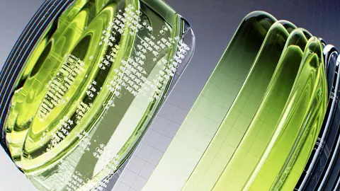 Abstract image of a glass lens with intricate geometric patterns and green hues.