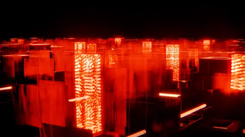 Abstract digital cityscape with glowing red neon lights creating a futuristic ambiance.