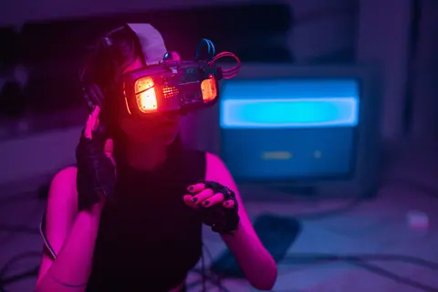 A woman immerses in virtual reality with neon-lit goggles and gloves in a tech-savvy environment.