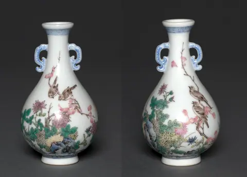 Pair of Miniature Vases with Birds and Chrysanthemums