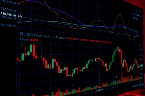 Detailed view of a cryptocurrency market graph displaying technical analysis data on a screen.