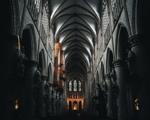 Interior view of the stunning Gothic architecture inside Brussels Cathedral, Belgium.