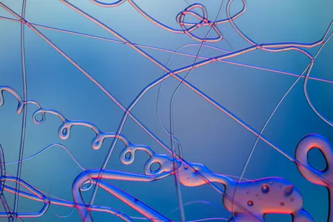 Creative abstract art with colorful lines and curves over a blue background.