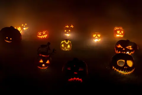 Eerie lit jack-o'-lanterns in a foggy field, creating a spooky Halloween ambiance.